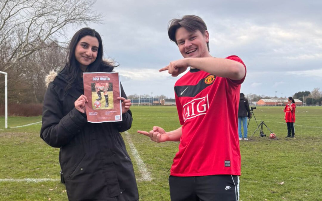 Iqra and Liam holding a desi united posted in a football team
